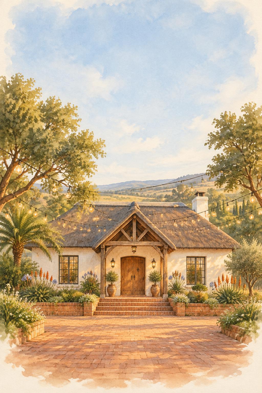 Watercolour of the cream thatched farmhouse at The Nicholls Farm at golden hour