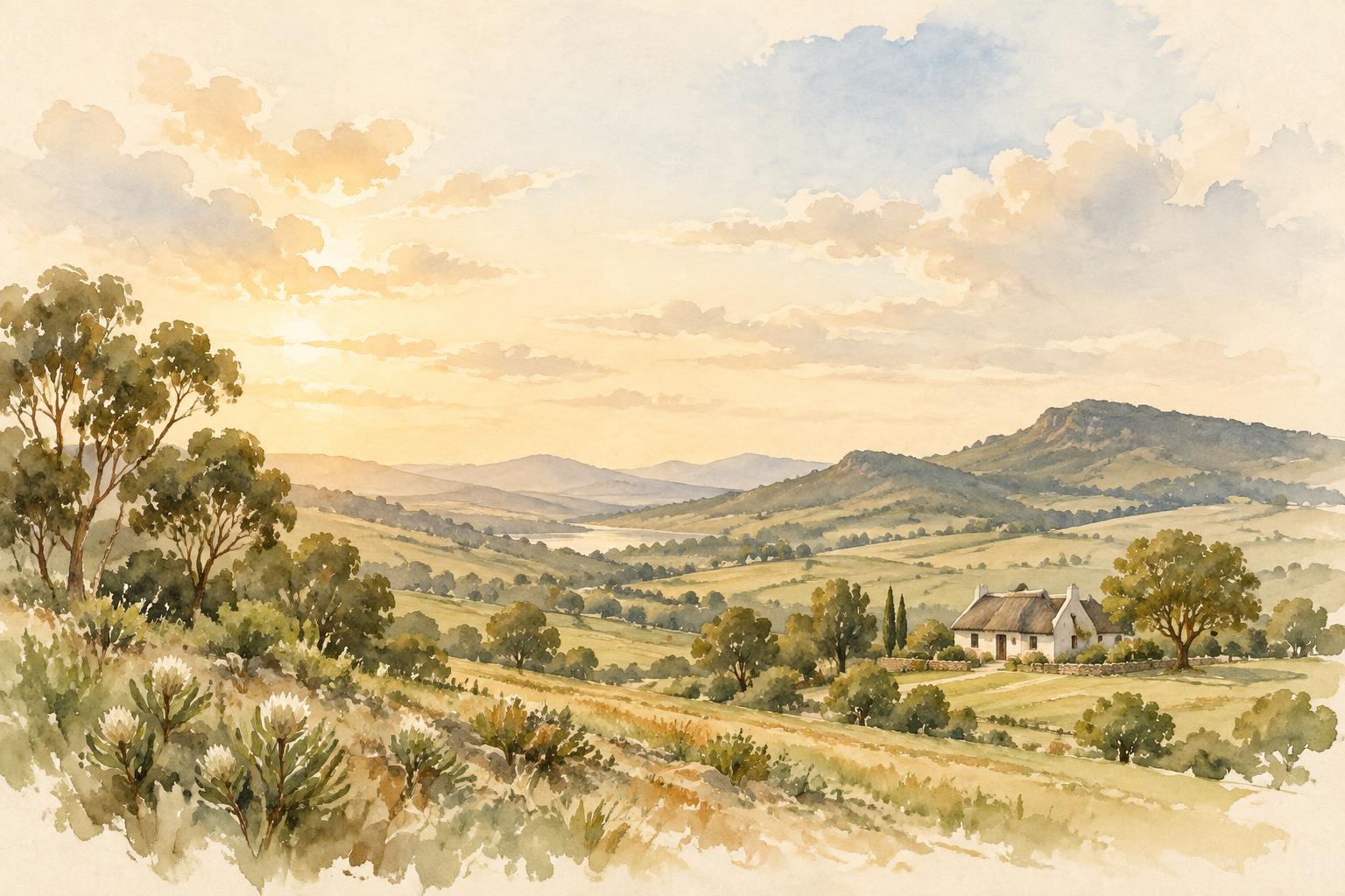 Watercolour landscape of rolling Eastern Cape hills and a farmhouse
